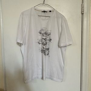 This is a used Ted Baker t-shirt. It is white with black drawings of cars.